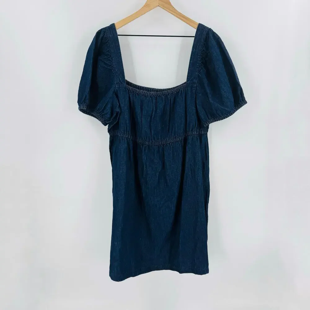 J.Crew NWT Dark Denim Puff Sleeve Square Neck Midi Dress Size 18 Milkmaid Cut - Picture 2 of 9